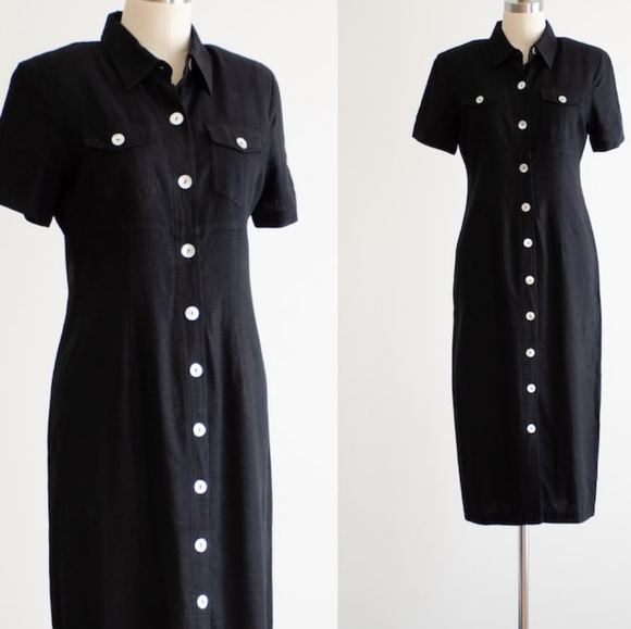 MARKS & SPENCER black linen dress 90s y2k vintage minimal button down midi dress - Picture 3 of 3